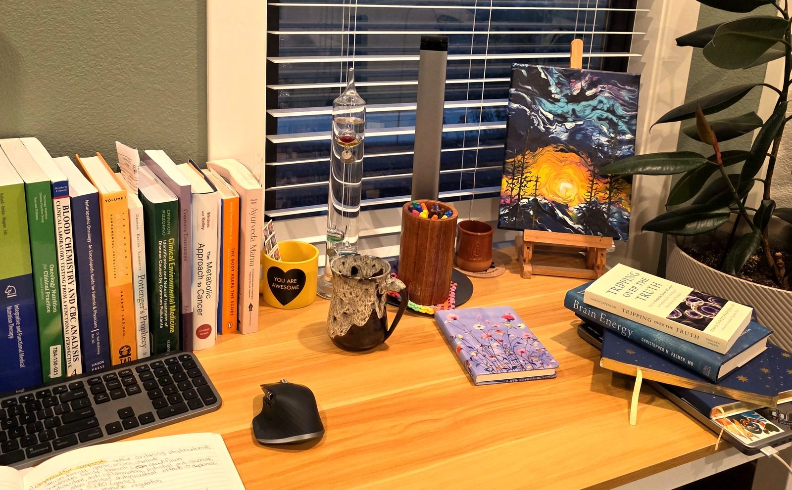 A Nutritional Therapy Practitioner's desk at dusk &mdash; clinical reference books including Blood Chemistry and CBC Analysis, Oncology Nutrition for Clinical Practice, and Integrative and Functional Medical Nutrition Therapy, beside an open notebook of handwritten study notes
