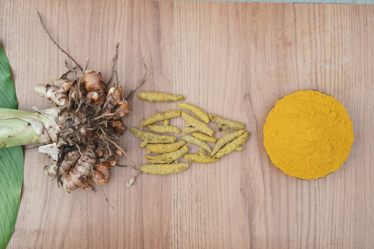 Fresh turmeric root, slices, and ground turmeric on a wooden board