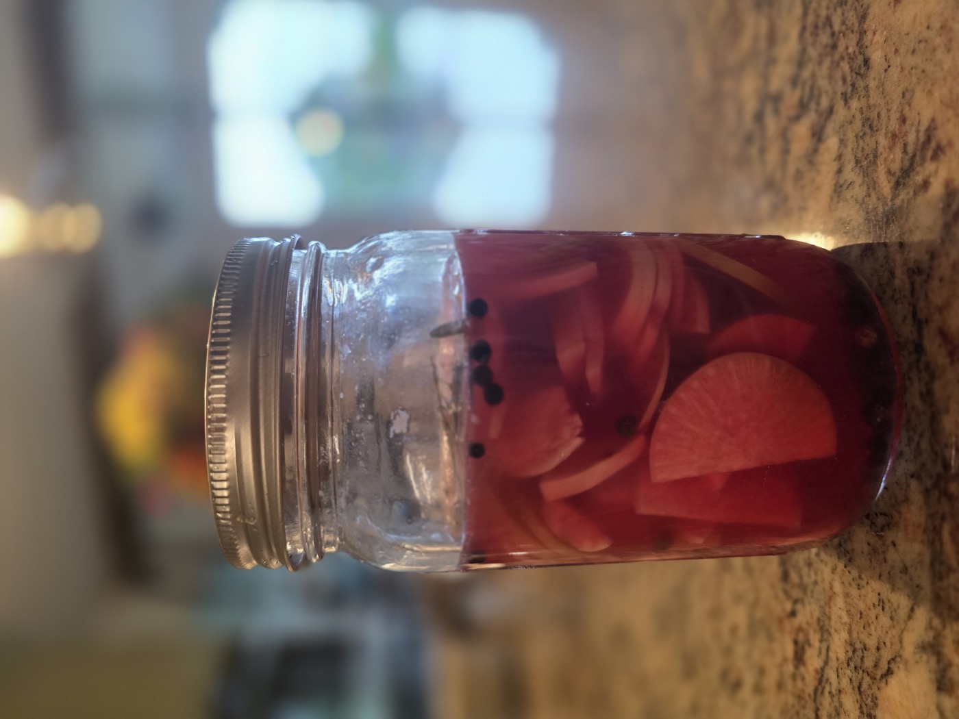Fermented watermelon radishes on day three, brine transformed into a deep jewel-toned magenta — vivid evidence of active fermentation