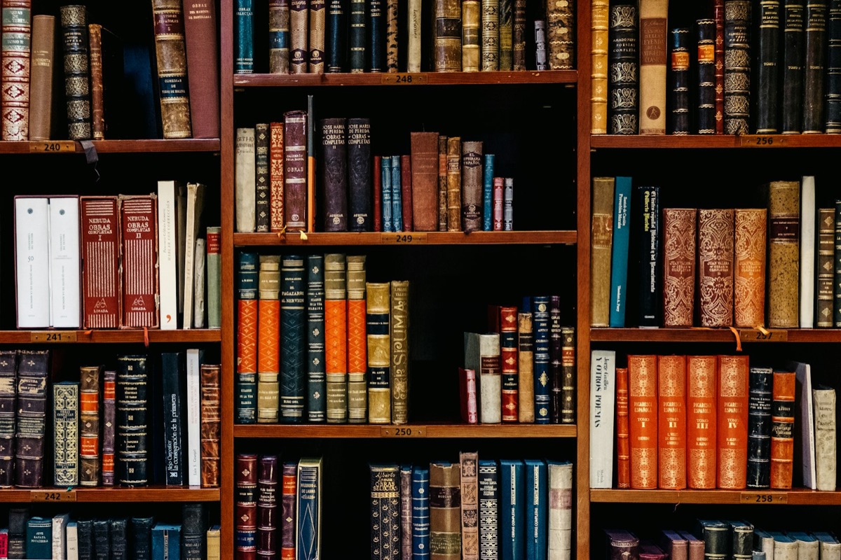 Shelves of old library books